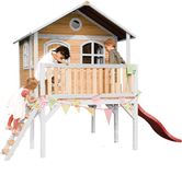 AXI Sophie Speelhuis Bruin/wit – Rode Glijbaan – Classic speelhuisje met verdieping en ladder – FSC hout - Speeltoestel voor kinderen
