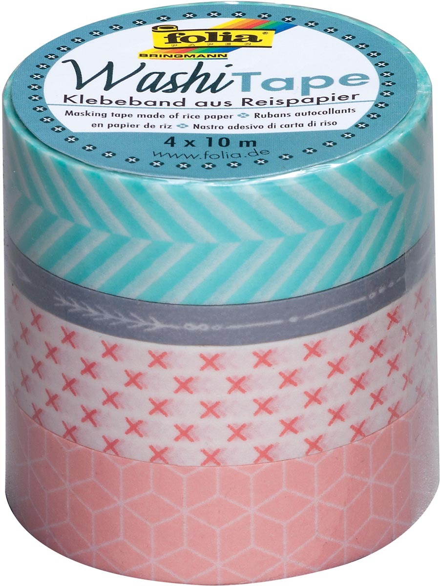 Folia washi tape geometrie pak met 4 stuks in geassorteerde kleuren