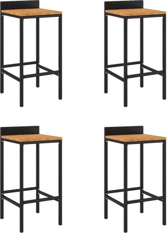 vidaXL Barkrukken - 4 stuks - Poly rattan en massief acaciahout - Zwart
