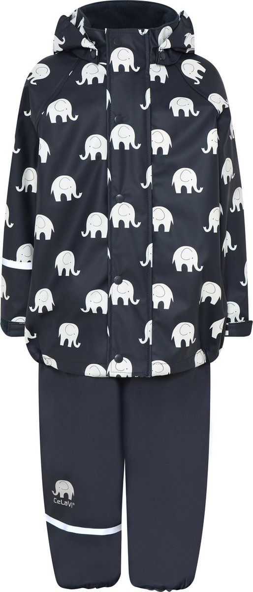 CELAVI Donkerblauw regenpak met witte olifantenprint van 110