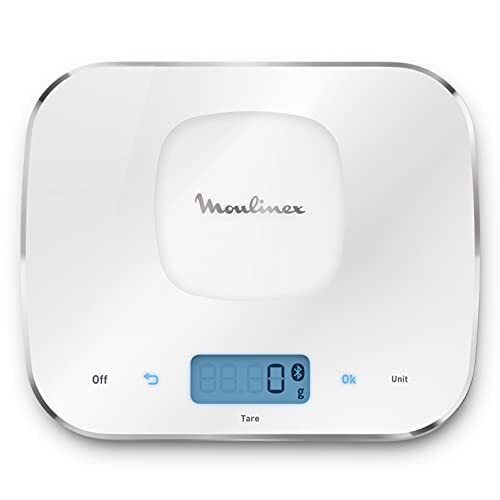 Moulinex Companion XF38E1 Digitale keukenweegschaal met Bluetooth, digitale keukenweegschaal tot 10 kg met optie van gram, lb en ounces, groot LCD-display, eenvoudig op te bergen