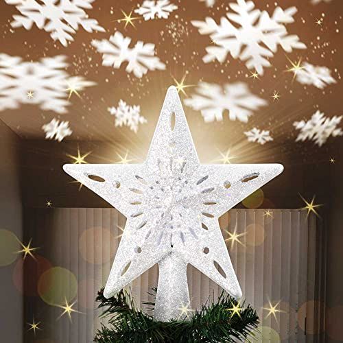 Bakaji Oplichtende ster top met spel sneeuwvlokken op reflecterende deken, hoogte 26 cm, decoratie kerstboom topper, kerstdecoratie met glitter (zilver)