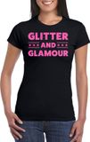 Bellatio Decorations Verkleed T-shirt dames - glitter and glamour - zwart - roze glitter - carnaval S