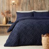 Fusion - Marineblauw teddy fleece dekbedovertrek - kingsize beddengoed maat (260 x 220 cm) - omkeerbaar ontwerp - donkerblauw jacquard dekbedovertrek - geometrisch vierkant getuft beddengoed - zacht