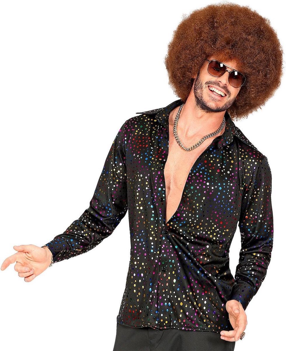Widmann Hippie Kostuum | Groovy Style Disco Zwarte Stippen Shirt 70s Man | XXL | Carnaval kostuum | Verkleedkleding