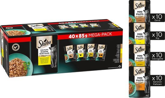 Sheba natte kattenvoeding minifilets gevogelte - 40 stuks - eend, kip, kalkoen, gevogelte - 3400 gram