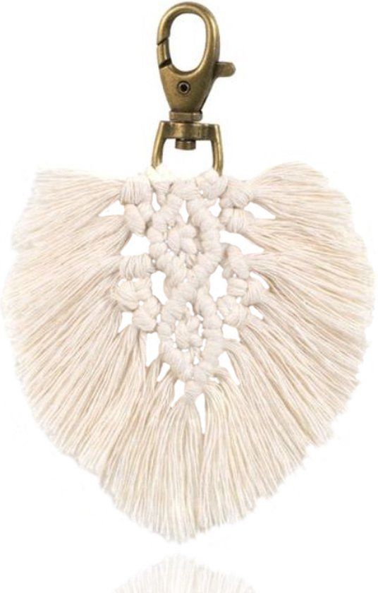 Deja Jewels Lookinggoodtoday Boho Sleutelhanger Handgemaakt Geknoopt Katoen Wit met Musketon