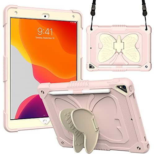 Q-HL Hoesje voor iPad 9/8/7 generatie 10,2 inch, schokbestendig, robuuste tas met standaard, polsband en schouderriem voor iPad 10,2 inch (2019/2020/2021)