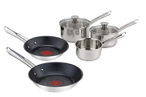 Tefal Elementary 5-delige set met 14 cm melk 16/18 cm steelpan met deksels en 20/24 cm bakpannen, roestvrij staal, zilver