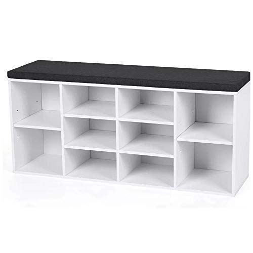 BAKAJI Bank, schoenenrek voor thuis, multifunctioneel, 10 planken van hout, melamine, boekenkast met kussen van kunstleer, afmetingen 104 x 29,5 x 49 cm (wit)