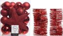 Kaemingk B.V. Décoration de Noël boules de Noël en plastique 5-6-8 cm avec étoile et guirlandes en aluminium lot rouge de 35 pièces