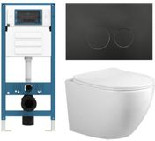 Adema Salina 2.0 Toiletset - 48.5x36x32cm - diepspoel - spoelrandloos - QeramiQ inbouwreservoir - softclose - quickrelease - toiletzitting - mat zwarte kunststof bedieningsplaat - ronde knoppen - wit