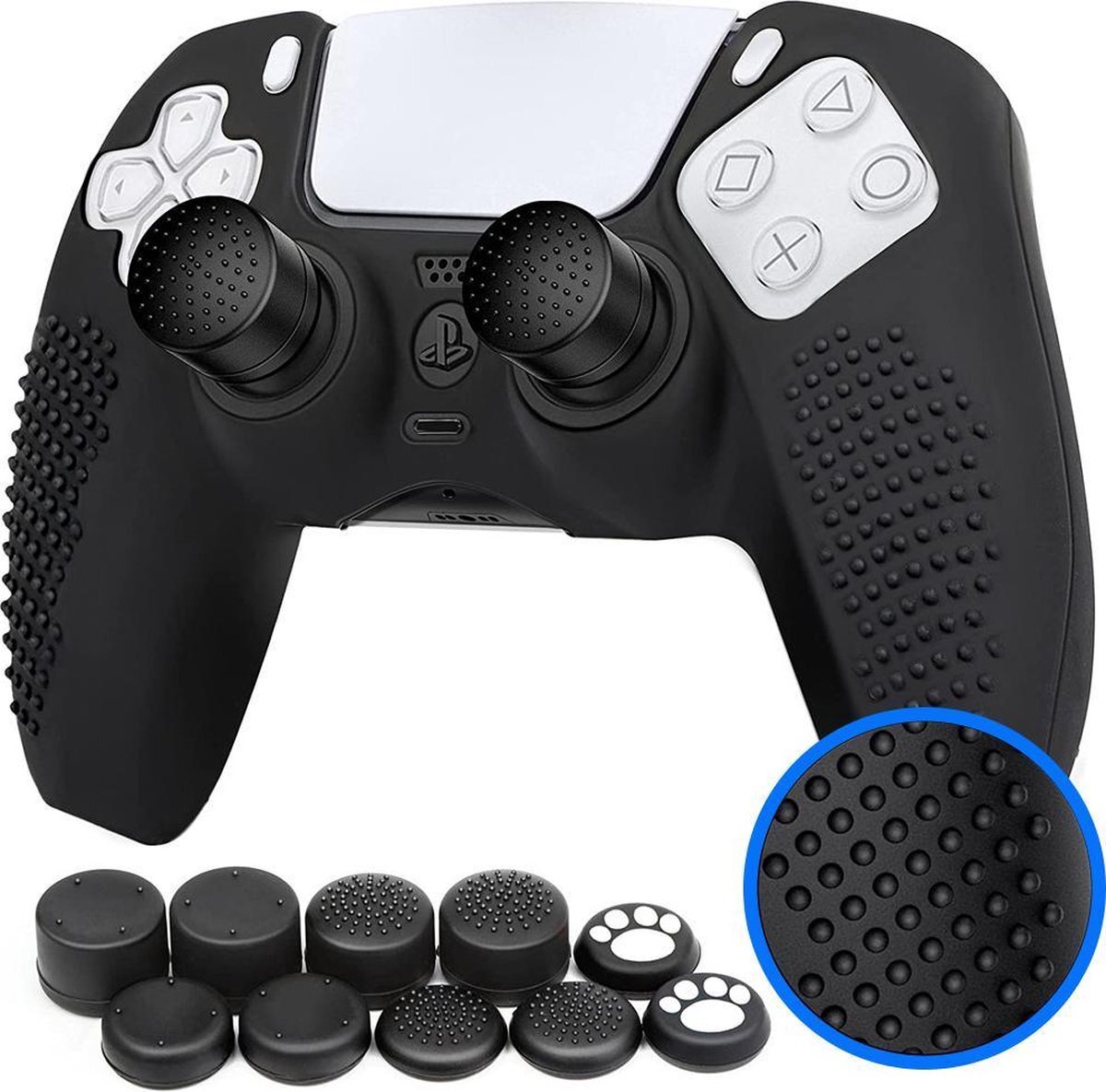 Mmobiel Silicone Anti-Slip Thumb Grips Cat Paw Print voor PS5 DualSense Controller - Zwart