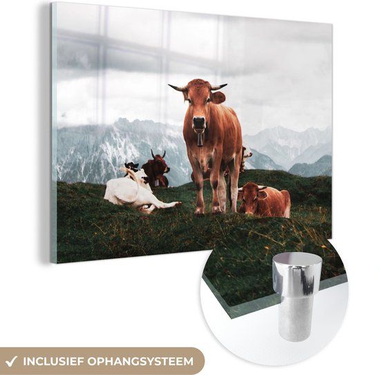 MuchoWow® Glass Painting 180x120 cm - Acrylic Glass Painting - Animals - Cow - Mountain - Photo on Glass - Paintings