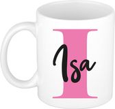 Bellatio Decorations Naam mok Isa - roze - wit - keramiek - 300 ml - cadeau beker
