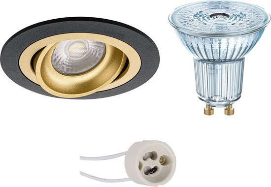 BES LED Voordeelset: LED Spot Set - OSRAM Parathom PAR16 927 36D - Pragmi Alpin Pro - GU10 Fitting - Dimbaar - Inbouw Rond - Mat Zwart/Goud - 3.7W - Warm Wit 2700K - Kantelbaar Ø92mm