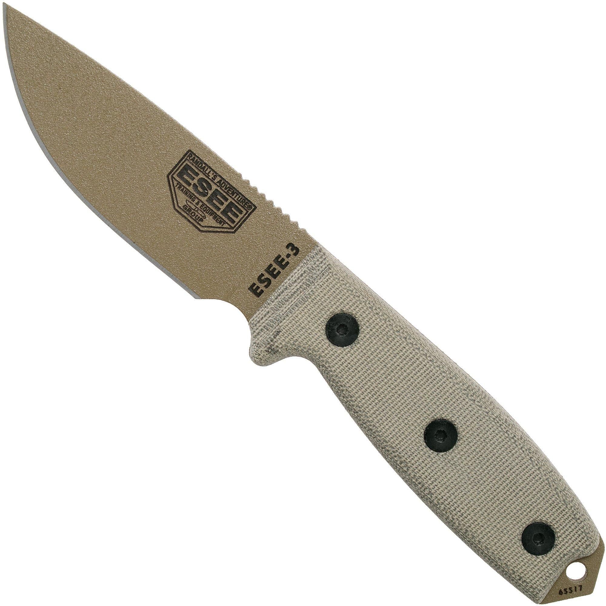ESEE Model 3 - Dark Earth Blade - Grey Handle - 3P-MB-DE - with Sheath + Clip and MOLLE-back