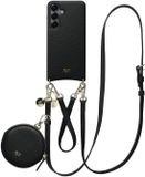 AVY Leren Hoesje geschikt voor Samsung Galaxy S25 Plus / S24 Plus | Met Koord en Mini Telefoontasje | Compatibel met MagSafe | Leather Case met 30CM & 130CM Koord & Pouch | Leather Set | Zwart