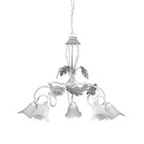 ONLI Marilena 5-lichts kroonluchter metaal wit parelzilver met witte glazen lampenkappen, handgemaakt in Italië, Ø 90 cm x h 130 cm