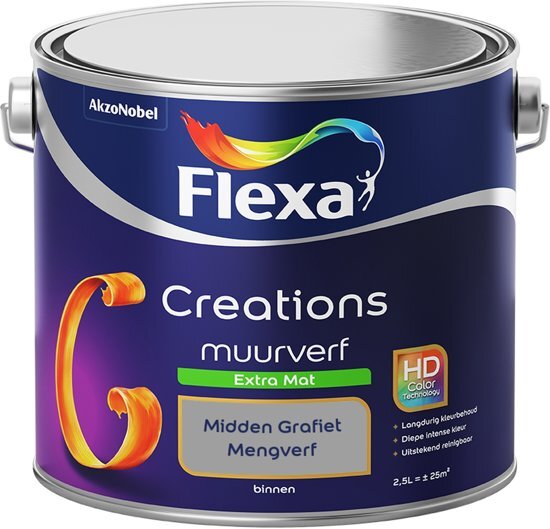 FLEXA Creations Muurverf - Extra Mat - Mengkleuren Collectie - Midden Grafiet - 2,5 liter