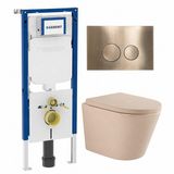 Geberit QeramiQ Dely Toiletset - 36.3x51.7cm - diepspoel - rimless - Geberit UP720 inbouwreservoir - softclose toilet zitting - 35mm - geborsteld messing bedieningsplaat - ronde knoppen - mat beige