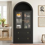 OKWISH Buffetkast - Met Glazen Deuren En 2 Lades - 80 x 36 x 170 cm - Opbergkast Voor Keuken En Woonkamer - Spaanplaat Zwart