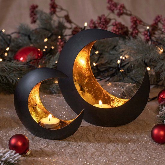 Gadgy Theelichthouder Maan - Set van 2 - Waxinelichthouder - Kaarsenhouders voor Waxinelichten - 15&21CM - Zwart / Goud