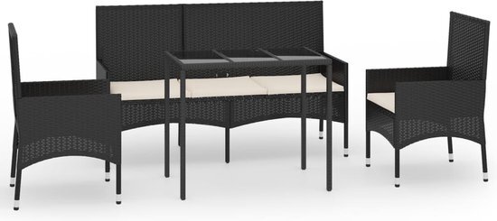 vidaXL 4-delige Loungeset met kussens poly rattan zwart