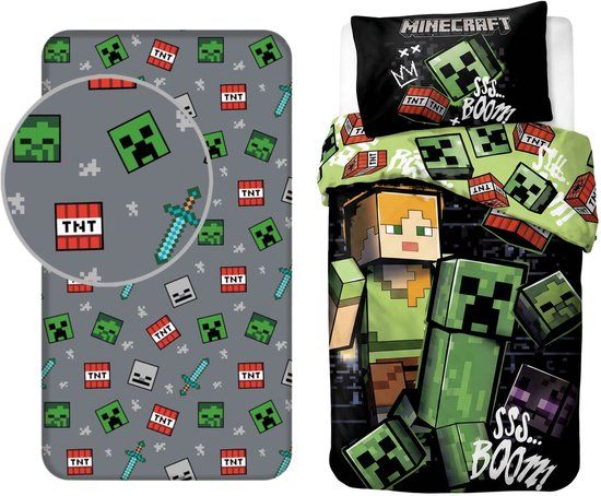 4KidsOnly Minecraft Dekbedovertrek + Hoeslaken Eenpersoons Katoen 140x200 cm