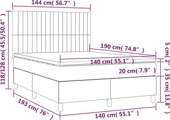 vidaXL Boxspring met matras en LED stof lichtgrijs 140x190 cm
