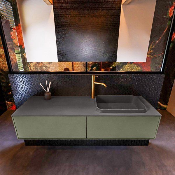 Mondiaz ERIN 150cm badmeubelset onderkast Army - Wastafel RIDGE rechts Dark grey