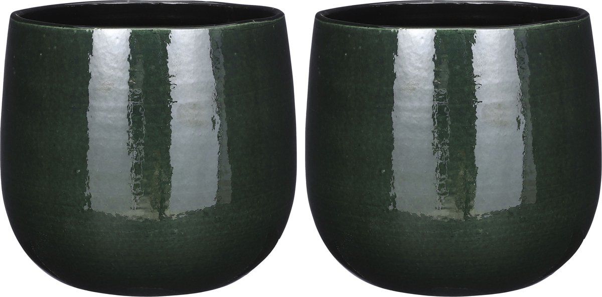 Mica Decorations - Plantenpot/bloempot - 2x stuks - keramiek - donkergroen glans/spotted - D25/H20 cm