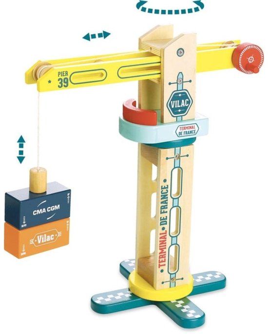Vilac Houten Hijskraan met Magnetische Containers - 34 cm Hoog - Multi