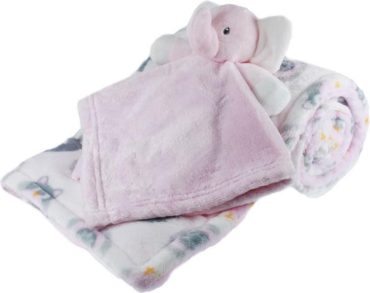 Soft Touch deken met knuffel olifant 70 x 100 cm wit/roze wit
