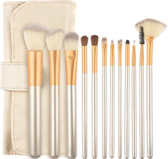Evvie Professionele Make-up Kwastenset - 12 delig - Beige-Goud - Synthetisch Haar - Vegan