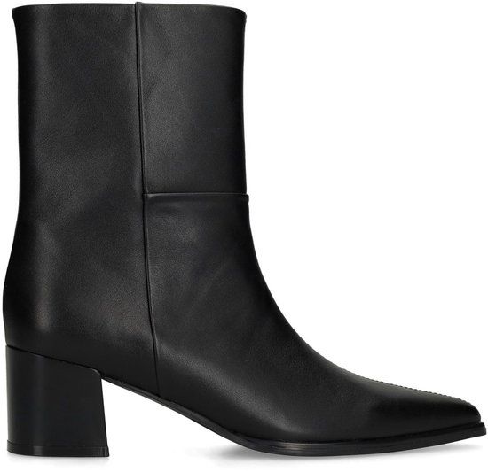 Manfield - Dames - Zwarte leren enkellaarsjes met hak - Maat 38