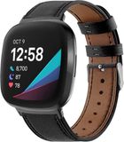 Strap-it Smartwatch bandje leer - leren bandje geschikt voor Fitbit Versa 3 / Fitbit Sense - strak zwart