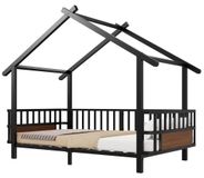 StarTech Kinderbed in huisstijl - Metalen eenpersoonsbed - 90 x 200 cm - Zwart - Veiligheidshekjes - Dakontwerp - Decoratieve omlijsting - Stabiele constructie