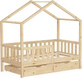 ML-Design Kinderbed Huisbed 70x140 cm Natuurlijk Grenenhout met 2 Laden en Dak