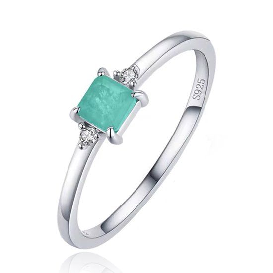Elenza AMS Elenza Sterling .925 Zilveren Ring met Rechthoekige Groene Steen en Zirkonia-15mm