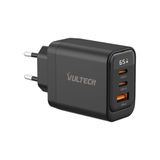VulTech USB C-oplader 65W GaN, 2 USB-C + USB, PD3.0 PPS QC3.0, snellader voor notebook en MacBook, iPhone 16/15/14, Samsung Galaxy, tablet, 3 poorten, display geïntegreerd vermogen, zwart