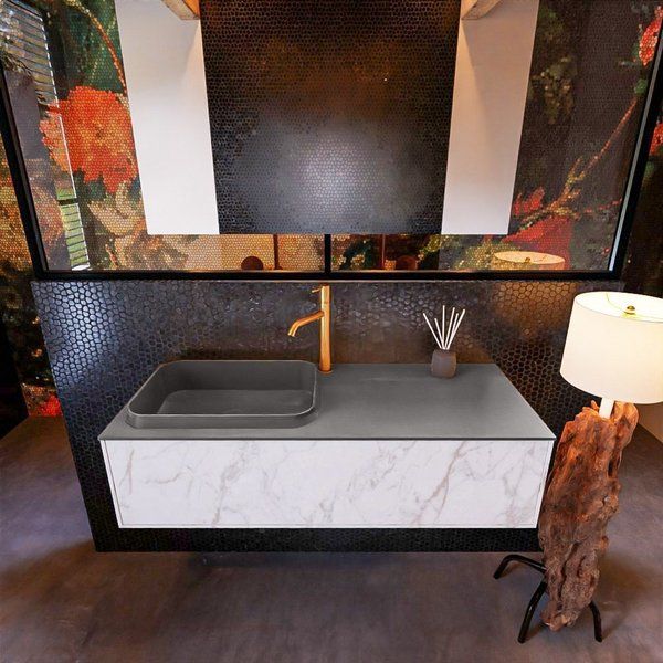Mondiaz ERIN 120cm badmeubelset carrara met 1 lade Wastafel RIDGE links Dark grey ERIN12219