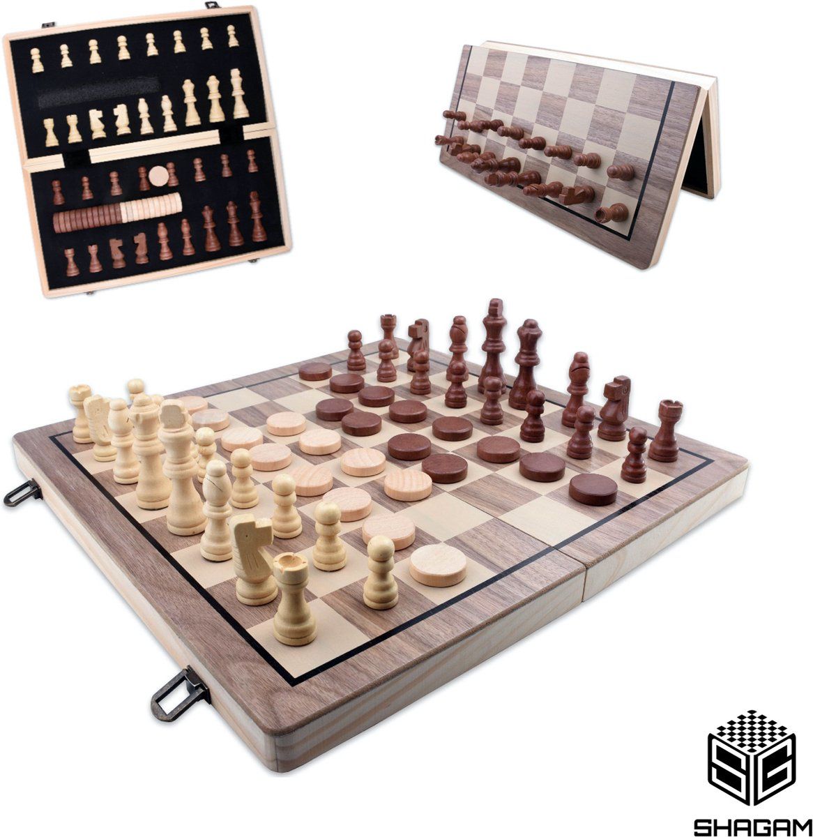 Shagam 2-in-1 Bordspel - 39 cm - Magnetisch - Schaakbord - Dambord - Backgammon - Schaakspel - Schaakset - Schaken - Dammen - Met Schaakstukken - Chess - Hout - Opklapbaar