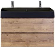 BES LED Maxx XL Badmeubelset 100 cm - Natuur Eiken - Wastafel Kube Zwart 2 Kraangaten