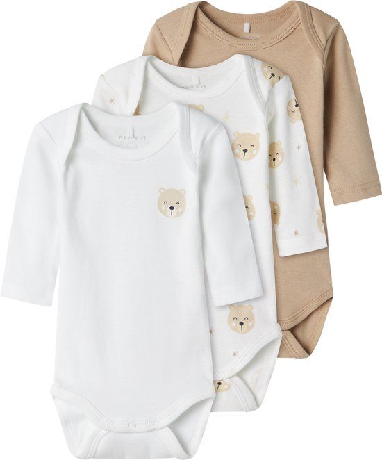 NAME IT NBNBODY 3P LS OXFORD BEAR NOOS Unisex Body - Maat 74 - Oxford Tan - 3-pack