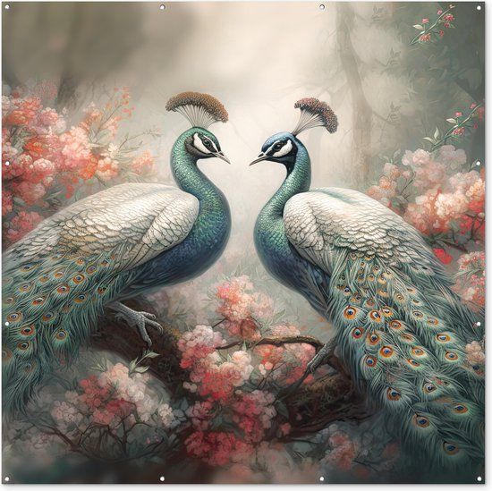 GreatGardenPosters Tuin poster Pauwen - Pauwenveren - Vogels - Bloemen - Natuur - 200x200 cm - Tuindoek - Buitenposter