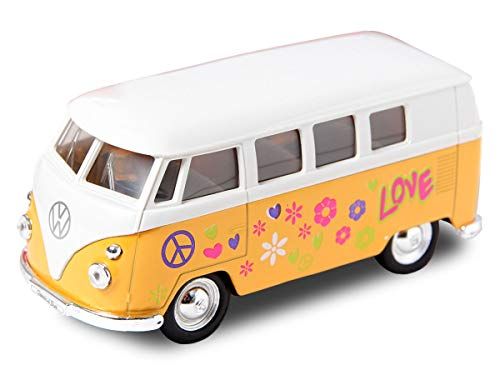 Welly VW Bulli Hippie Flower Power Bus 12 cm modelauto 1963 Volkswagen 1:34 T1 model Bully (56/0044 VW bus Flower geel