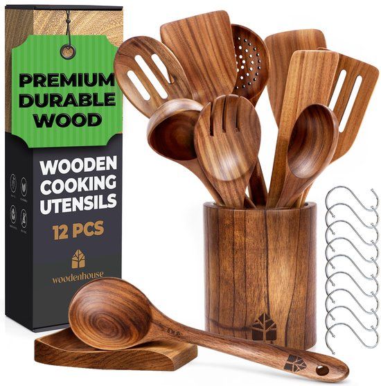 WOODENHOUSE LIFELONG QUALITY Woodenhouse 12 stuks teakhouten lepels met standaard, lepelhouder en ophanghaken, anti-aanbaklaag en hittebestendig