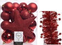 Decoris Kaemingk B.V. Kerstversiering kunststof kerstballen 5-6-8 cm met ster piek en sterren slingers pakket rood van 34 stuks