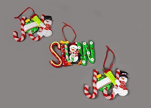 SHATCHI Christmas Hanging Words Snow Joy Noel Decorated with Candy Cane Santa Snowman Penguin Christmas Tree Wall Home Decor Ornaments 3 pcs Set, Multi-Color